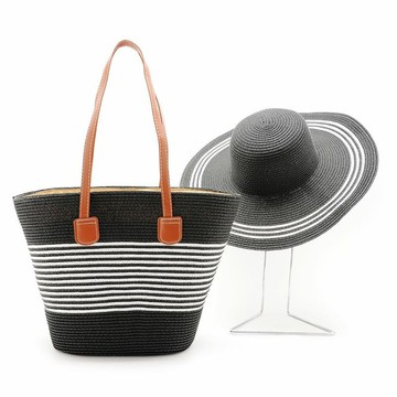 FIRANO-藤編材質附草帽肩背托特包套組(黑x白槓)