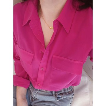 法式經典氣質百搭軟糯砂洗桑蠶絲寬松休閑口袋洋氣紫紅真絲襯衫