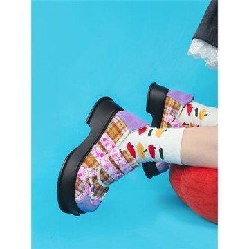 niuwa 2025夏季原創小眾百搭大頭鞋丑萌魔術貼單鞋格子厚底增高鞋