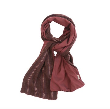 深紅 羊毛混紡 條紋拼接雙層圍巾