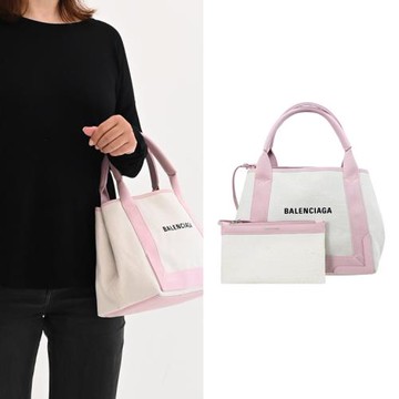 BALENCIAGA 巴黎世家 339933 NAVY 厚帆布皮飾手提大托特包.粉