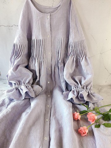 日本亞麻剪接線細壓褶開襟束袖長洋裝