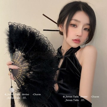 【復古舞蹈扇】羽帝新款 洛麗塔 旗袍 走秀 拍照 折扇 摺扇 暗黑系 蕾絲 羽毛扇 古風扇子 大扇子 古風折扇