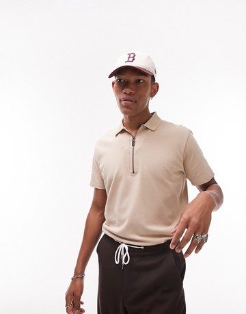 Topman pique polo with zip in contrast tape placket in stone-Neutral