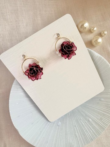 水晶花 玫瑰垂墜耳環