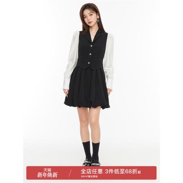 凡兔復古時髦白色袖口拼接花苞裙2025春季新款甜美遮肉顯瘦連衣裙