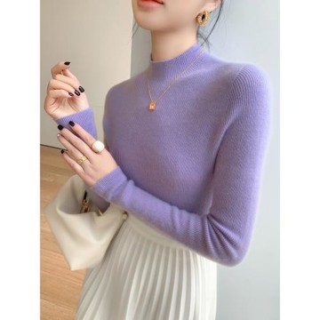 無縫一線成衣baby小山羊絨衫女修身半高領套頭打底衫長袖針織毛衣