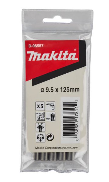 MAKITA 牧田 D-06557 9.5mmx125mm HSS金屬鑽頭 鑽鐵直柄鑽尾 5支入
