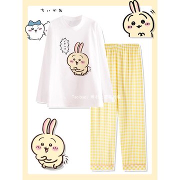 烏薩奇chiikawa吉伊卡哇睡衣女春秋季長袖純棉可愛卡通圓領家居服