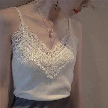 【米蘭精品】細肩帶背心打底衫-蕾絲針織吊帶內搭女上衣2色74km10