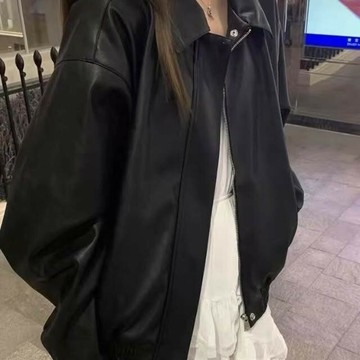 （韓風大碼）大尺碼美式復古機車pu皮黑色皮夾克外套女 皮衣 外套