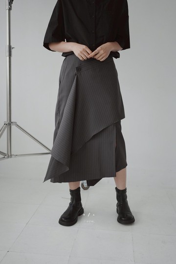 GENTLE不規則西裝雙層裙 - 2色 - 直紋灰