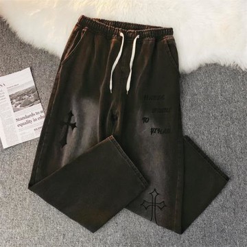 美式復古街頭刺繡十字架字母牛仔褲男士休閑原宿風直筒學生長褲潮