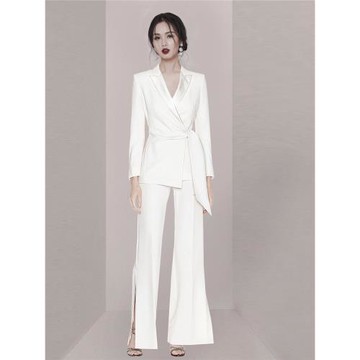 2026年春季新款白色綁帶西裝外套側開口直筒褲兩件套裝高級職業裝