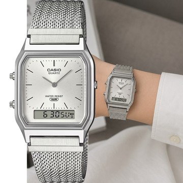 CASIO 卡西歐 學生錶 復刻方型雙顯電子指針編織帶手錶(AQ-230EM-7A)