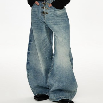 秋冬季潮流水洗貓須打褶牛仔褲男美式復古闊腿彎刀褲男