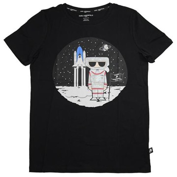 KARL LAGERFELD 卡爾 太空老佛爺水鑽圖案棉質短T恤.黑