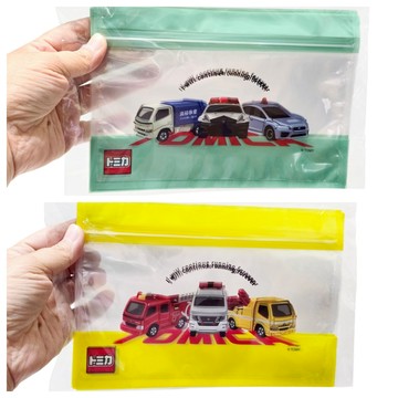 日本amifa 與多美小汽車 TOMICA 聯名夾鏈收納袋 警車、垃圾車與巡邏車圖案 收納袋