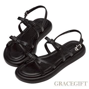 【Grace Gift】韓系百搭雙帶蝴蝶結雲感平底涼鞋 黑
