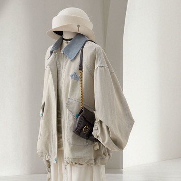 愛依依  牛仔外套 牛仔夾克 開衫外套S-3XL新款港風復古減齡撞色翻領寬鬆休閒上衣-11158.