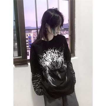 濕體wetbody 原創亞文化搖滾暗黑印花假兩件長袖T恤中性上衣女