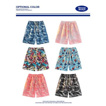 WASSUP滿印扎染冰絲沙灘短褲夏季薄款潮牌寬松休閑速干情侶五分褲