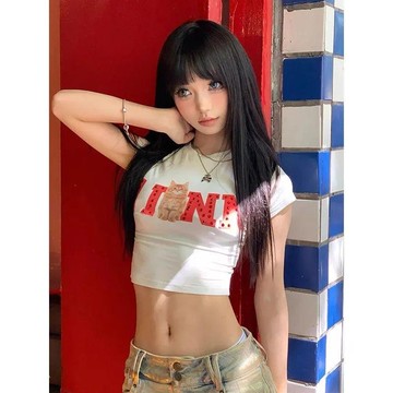 ♡ 𝑪𝒉𝒊𝒄 𝒖 ♡美式辣妹復古印花短袖t恤女夏季韓版緊身顯身材短款露臍上衣