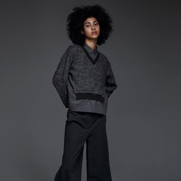 疊穿感毛料拼接上衣