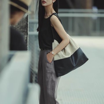 獨上織造 亞麻拼皮大托特包 日系撞色女包簡約單肩包