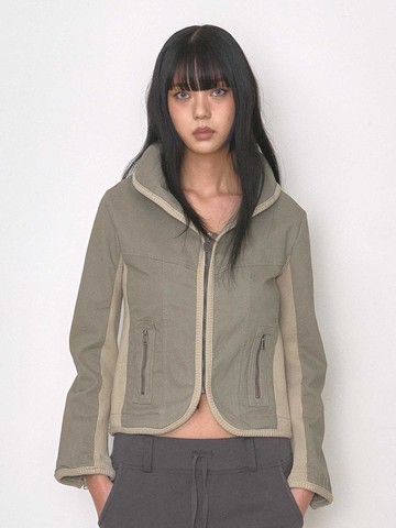 Color Block Ribbed Zip-up Blazer [Beige]