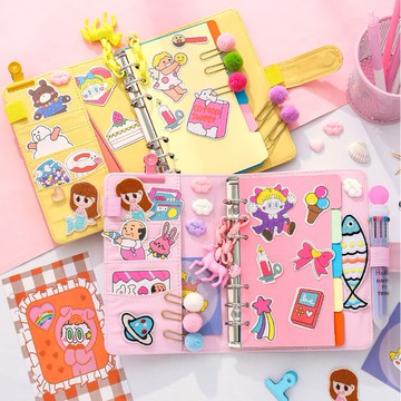 🍋檸檬青🍋 清倉現貨馬卡龍色PU材質A6少女心活頁手賬本套裝附夾子貼紙文具掛飾裝飾小清新可愛日記本