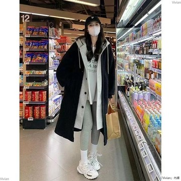 韓國chic秋冬長款外套羊羔絨衛衣寬鬆時尚歐美風連帽大衣