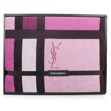 YSL 刺繡LOGO拼色雙面純綿毛巾蓋毯-桃紅