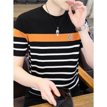 男士短袖t恤高端名牌夏裝2025新款條紋針織冰絲體恤休閑百搭半袖