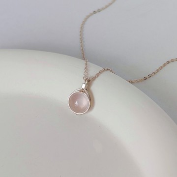 粉晶吊墜弧麵圓形粉水晶純銀項鍊 一月生辰石粉晶首飾招桃花