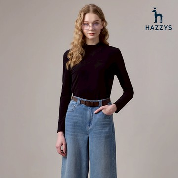 【HAZZYS】女款黑色柔軟舒適高領設計簡約時尚風格長袖薄T恤 YBWEC070
