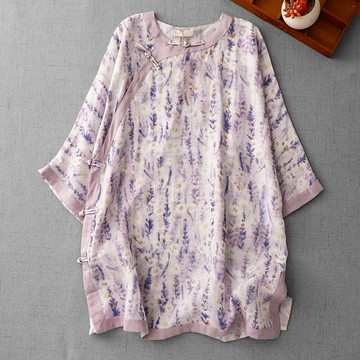 ＊ORead＊棉麻純棉薰衣草印花圓領盤扣連身裙(圖片色L~2XL)