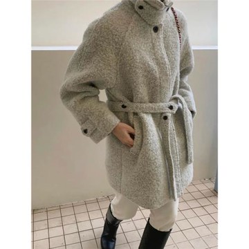 韓國東大門Lon*donfalt 高級感立領系帶圈圈毛毛呢大衣中長款外套