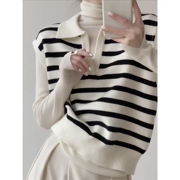 條紋polo領針織背心馬甲女春秋慵懶短款寬松坎肩疊穿毛衣上衣外穿