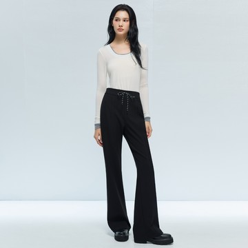 SO NICE 運動風撞色織帶顯瘦彈力空氣棉喇叭長褲