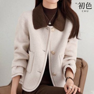 初色 撞色口袋翻領長袖排釦毛呢外套女外套-共4色-16368(M-2XL可選)