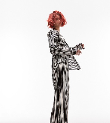 Topshop Tall satin stripe print piped shirt and trouser pyjama set in monochrome-Black