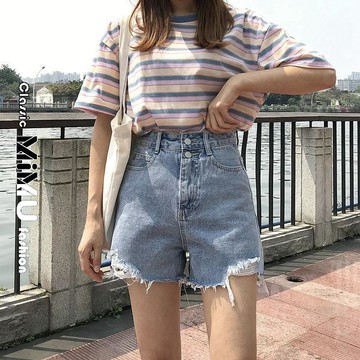 【MIMU】高腰寬鬆破洞牛仔超短褲女 大尺碼 小個子 夏新款顯瘦褲 韓版外穿闊腿短褲 a字熱褲薄