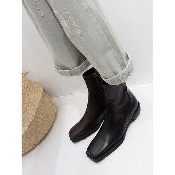 2024年真皮韓版方頭瘦瘦靴女英倫側拉鏈短靴切爾西靴粗跟彈力靴女