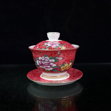 古玩 景德鎮粉彩扒花三才蓋碗 茶杯功夫茶具蓋碗 泡茶碗裝飾擺件