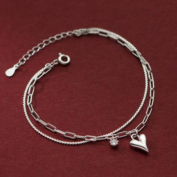 【ANGEL】雙層愛心單鑽麻花典雅鍍銀手鍊(銀色)