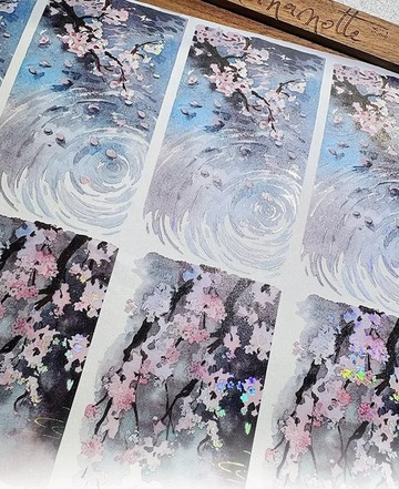 落華 (緋) 桜 花影 水辺 春の餘韻 水彩 PET 和紙膠帶 貝殼光