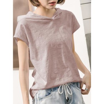 夏季純棉短袖女新款韓版寬松連帽女裝套頭休閑竹節棉半袖上衣打底