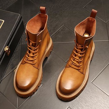 真皮馬丁靴秋冬季加絨保暖棉男鞋英倫風高幫靴子厚底工裝大黃靴男