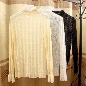 蕾絲打底內搭上衣女喇叭袖半高領搭配毛衣打底衫洋氣秋冬小衫
